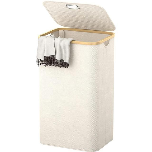 Homykic Laundry Hamper with Lid, 97L Large Collapsible Clothes Storage Basket with Bamboo Handles, Foldable Polyester Hamper for Dorm, Bathroom, Bedroom, Clothing, Toys, Cream White