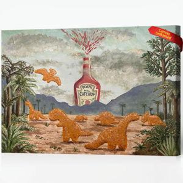 Funny Nuggets Cookies Painting Wall Art ，Dinosaur Nuggets Volcano Eruption Canvas Print ，Vintage Wall Decor For Home Bedroom Living Room 16X24 in Unframed