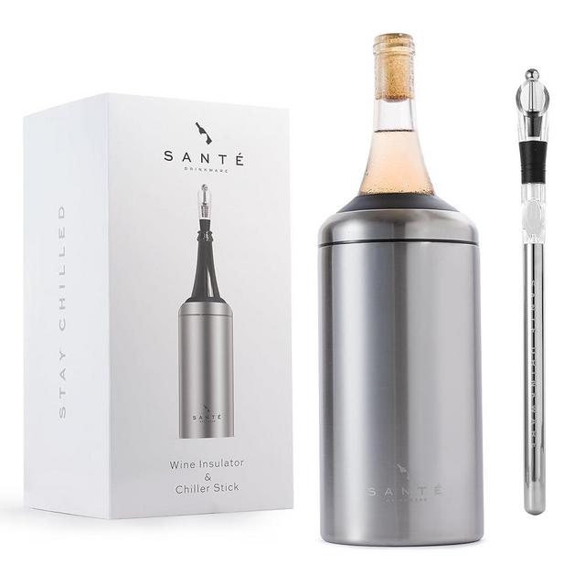 Santé Drinkware Wine Chiller & Stick - Keeps Wine & Champagne Chilled For Hours - Perfect Gift For Wine Lovers - Portable Wine Chiller Sleeve - Fits Most 750ml Bottles (Stainless Steel)