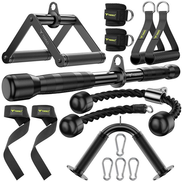 Toosci Cable Attachments for Gym, LAT Pulldown & Cable Machine Attachment Set: V-Shaped Bar, Rotating Straight Bar, V Rotation Handle, Nylon Tricep Rope, Ankle Straps & Handles, Home Gym