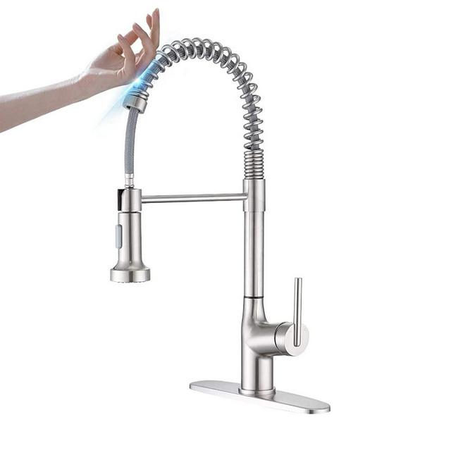 Touch Kitchen Spring Faucet with Pull Down Sprayer, ARRISEA Kitchen Sink Faucet with Pull-Out Sprayer in Stainless Steel, Brushed Nickel Smart Kitchen Taps with Two Functions Sprayer and Deck Plate