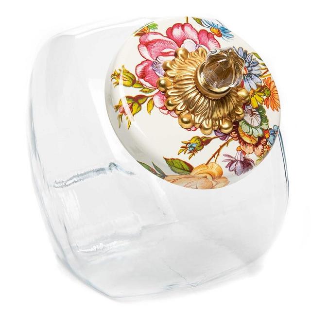 MACKENZIE-CHILDS Sweets Jar with White Flower Market Enamel Jar Lid, Small Glass Cookie Jar or Kitchen Jar