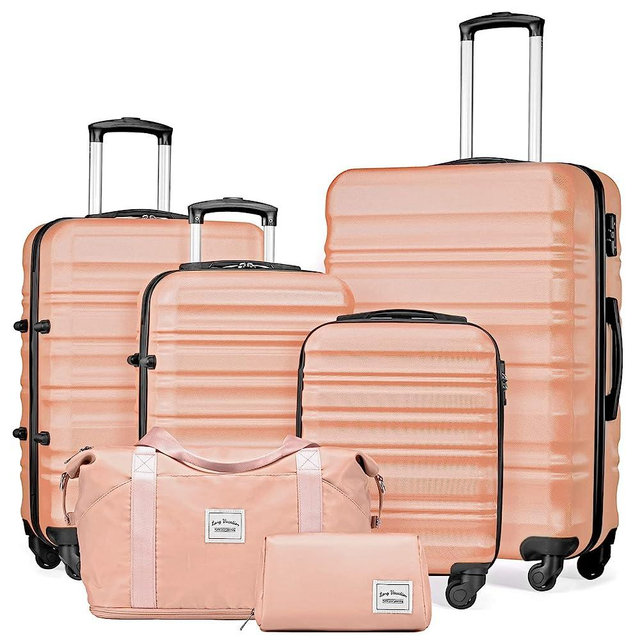 LONG VACATION Luggage Set 4 Piece Luggage Set ABS hardshell TSA Lock Spinner Wheels Luggage Carry on Suitcase (SAKURA PINK, 6 piece set)
