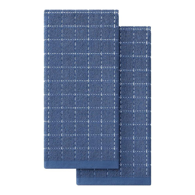 Homaxy 100% Cotton Terry Kitchen Towels(Navy Blue, 13 x 28 inches), Checkered Designed, Soft and Super Absorbent Dish Towels, 2 Pack