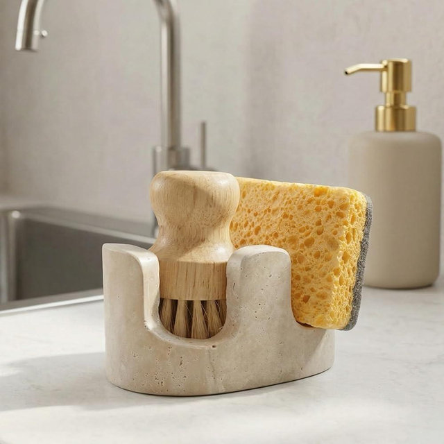 Travertine Sponge Holder for Kitchen Sink, 2-in-1 Sponge & Brush Holder, 2 Slot Natural Stone Sink Caddy for Countertop, Keeps Countertops Dry, Non-Slip Base, Elegant Kitchen Decor, Beige