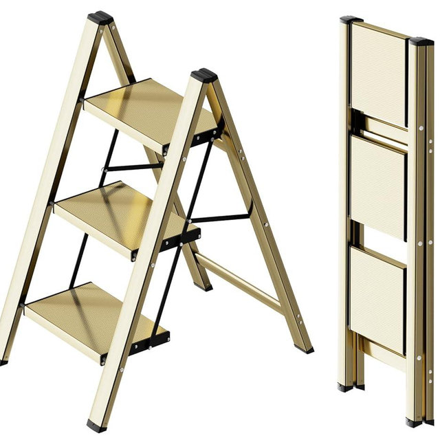 SOLADDER 3 Step Ladder, Anti-Slip and Lightweight Foldable Step Ladder for Adults & Kids to Use in Kitchen,Closet and Library,300lbs(Gold)