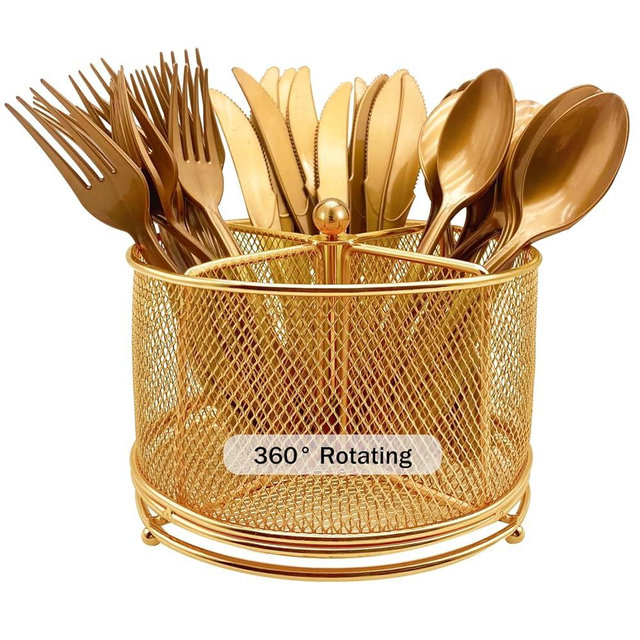 DysanVica 360° Rotating Metal Utensil Caddy - 4 Compartment Silverware Cutlery Holder Rotation Fork Spoon Napkin Organizer Flatware Storage Basket Party Countertop Buffet Picnic Camping Outdoor Gold