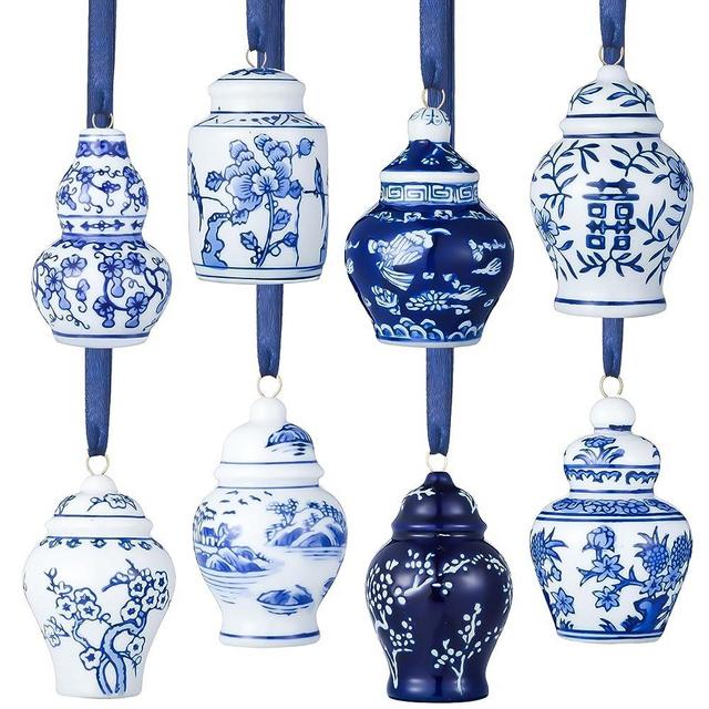 8 Pcs Christmas Mini Ginger Jar Ornaments Chinoiserie Porcelain Hanging Ornaments Ceramic Christmas Ornaments Blue and White Christmas Tree Decorations Christmas Hanging Pendant (Classic Style)