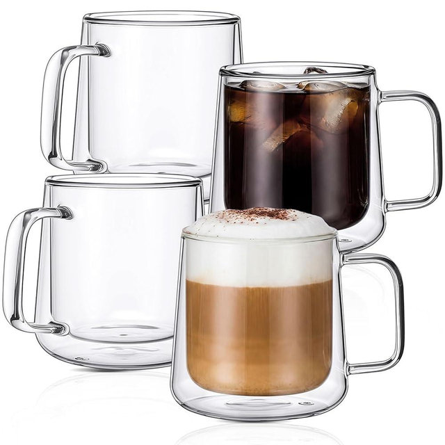 Patelai 4 Pcs 12oz Clear Glass Coffee Mugs Double Walled Coffee Cups Glasses Insulated Latte Mugs with Handle Espresso Clear Cups for Cappuccino Tea, Heat Resistant Glasses