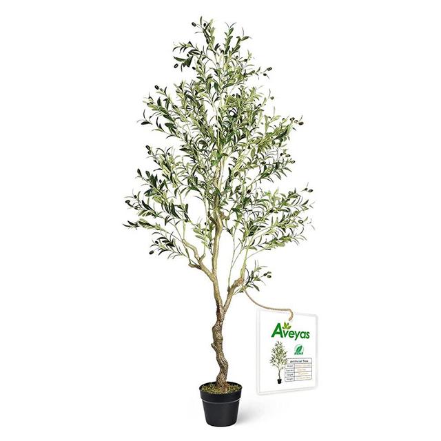 Aveyas 7ft Artificial Olive Tree in Cemented Plastic Pot, 7 feet Tall Large Fake Silk Trees Faux Topiary Fruit Potted Plants for Indoor Outdoor Office House Bedroom Living Room Home Modern Decor(82in)