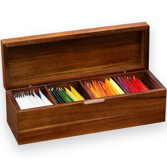 Acacia Wooden Tea Bag Organizers, Tea packet Storage Boxes, Tea Caddy for Tea Bags Chest, Teabag Holder Containers, Teabox Station Display, Organizador De Tes Caja Para Te, 4 Compartments