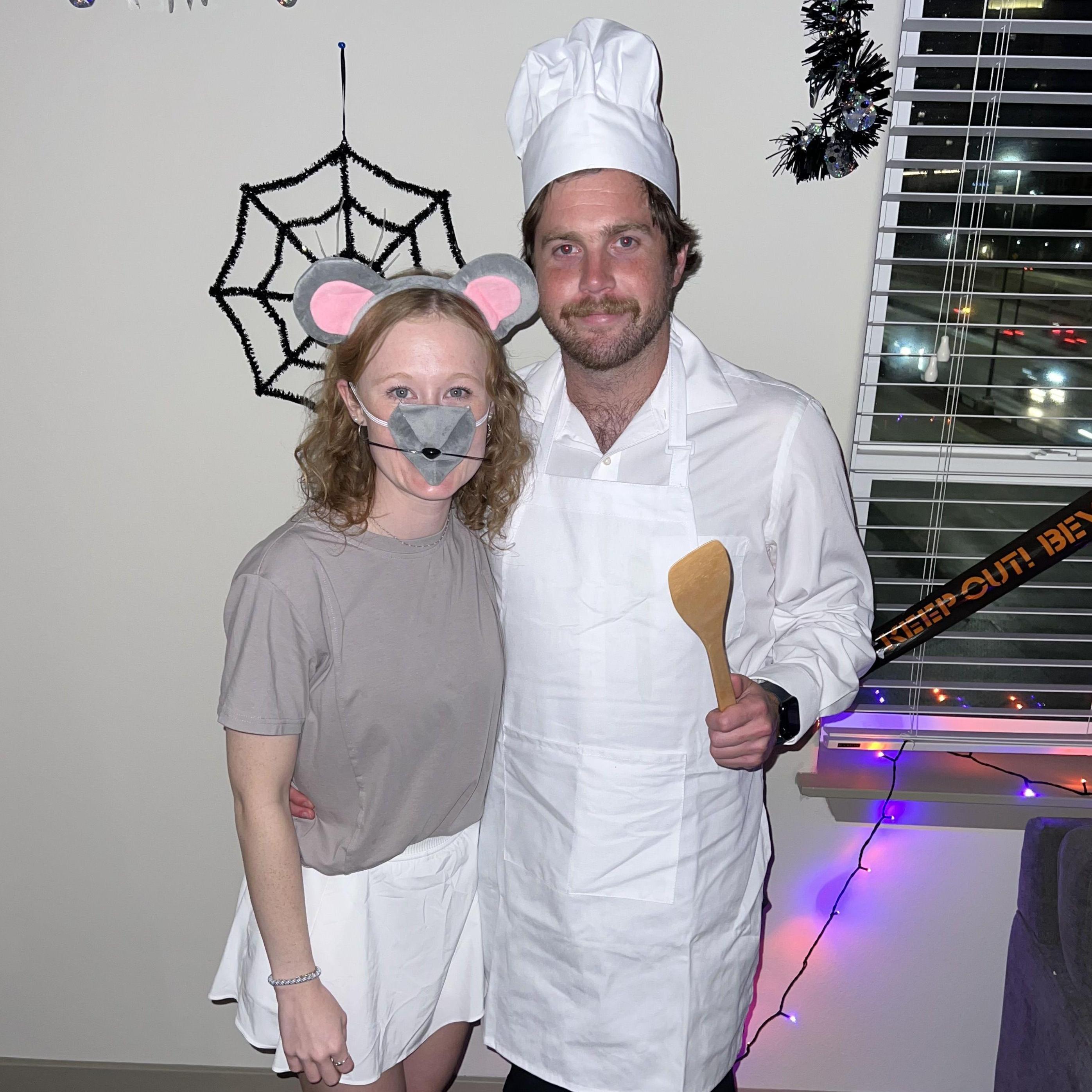 Dressed as a rat and chef from Ratatouille for Halloween