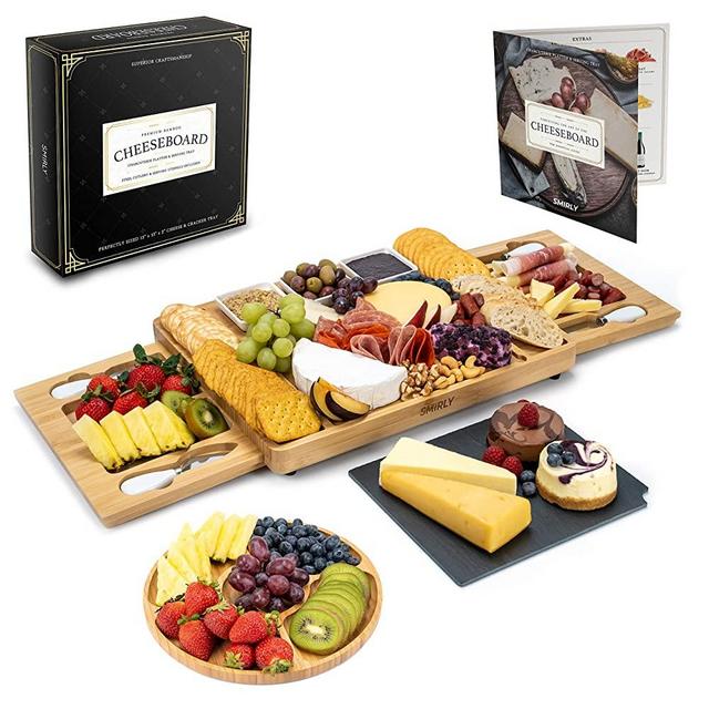 Smirly Cheese Board and Knife Set - Charcuterie Board/Organic Bamboo Cheese Platter with Accessories Drawer, 4PC Cheese Knife Set and 3x Sauce Dish Dip Bowls. Wedding Gifts, Housewarming Gifts.