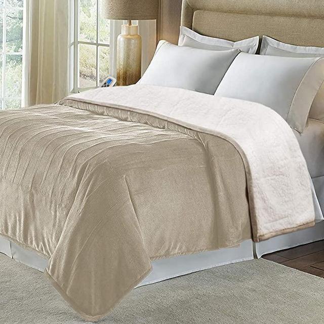 MARQUESS Electric Blanket Throw,Flannel Sherpa Washable and Comfortable Heated Blanket with 4 Settings, Safety 10 Hours Auto-Off &Dual Temperature Dual Control by One Blanket(King, Linen)