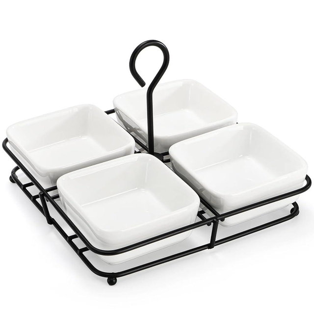 ZENFUN Chip & Dip Serving Set, Porcelain Ramekin Bowls with Metal Rack Stand, White Small Serving Dishes, Condiment Serving Tray for Entertaining, Party, Buffets