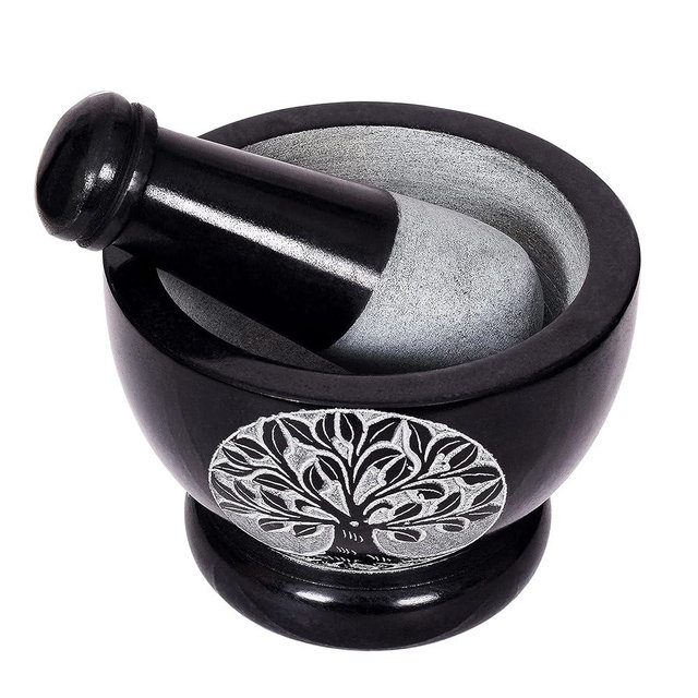 Divit Shilp Mortar and Pestle, Made of Heavy Duty Polished Hard Stone, Natural Stone Grinder for Spices, Pastes, Herbs, Seasoning etc. (Tree of Life)