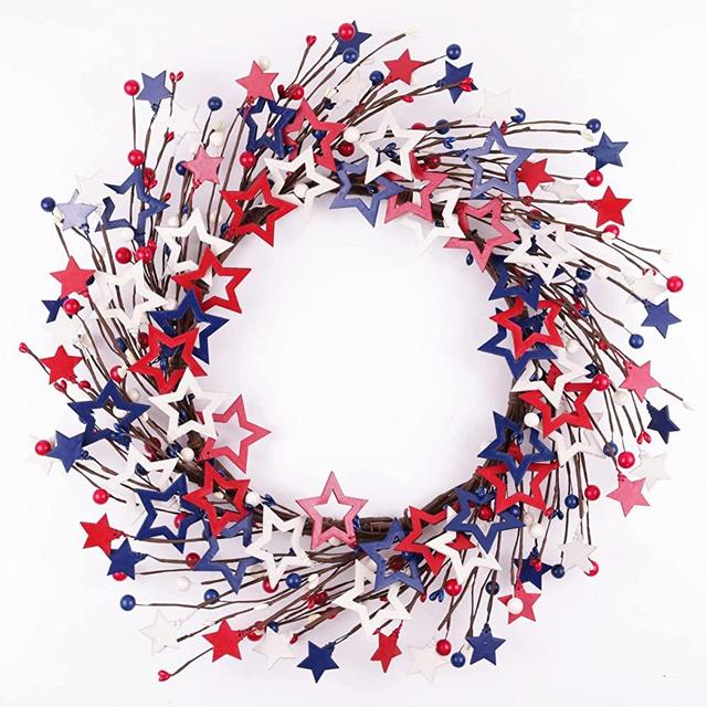 ChamBay 4th of July Wreath, 20 Inch Patriotic Wreath for Front Door Outside, Fourth of July Wreaths, 4th of July Decorations, Memorial Day Americana Décor, Red White Bule Stars Front Door Wreath