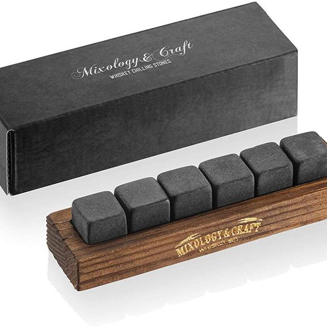 Whiskey Stones Gift Set for Men | 6 Granite Whiskey Rocks Chilling Stones in a Classy Wood Tray | Gift-Ready Chilling Rocks for Drinks | Whiskey Gift For Men, Dad, Husband, Boyfriend
