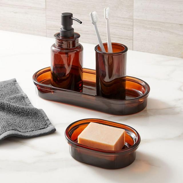 Apothecary Glass Bath Accessories, Amber, Soap Pump, Soap Dish, Toothbrush Holder, Tray, Set of 4