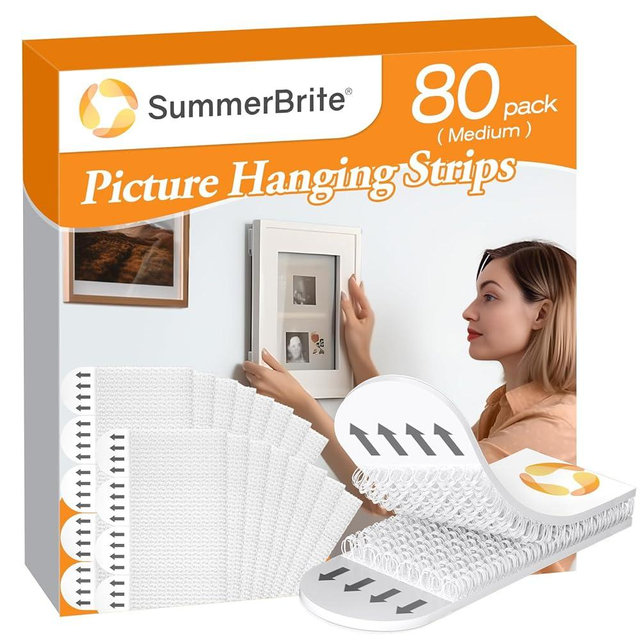 Picture Hanging Strips, Damage Free Hanging Picture Hangers, Picture Hanging Kit, Picture Hanging Hooks Without Nails, Adhesive Tape Wall Strips for Living Room Decor, White 40 Medium Pairs(80 Strips)