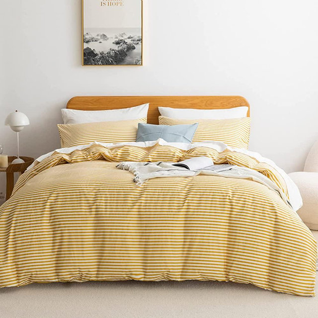 JELLYMONI 100% Natural Cotton 3pcs Striped Duvet Cover Sets,White Duvet Cover with Yellow Stripes Pattern Printed Comforter Cover,with Zipper Closure & Corner Ties(Queen Size)