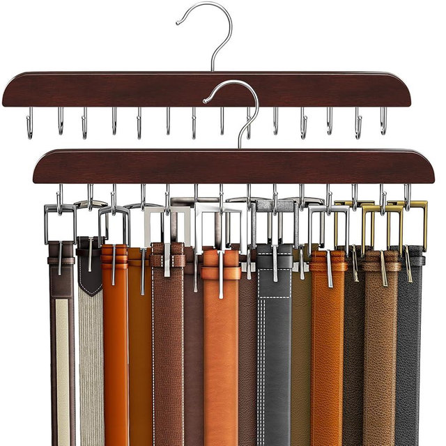 Belt Hanger for Closet, Sturdy Wood Belt Rack Closet Accessories with 14 Hooks Belt Organizer for Closet Organizers and Storage Max 42 Belts-Mahogany 2 Pack