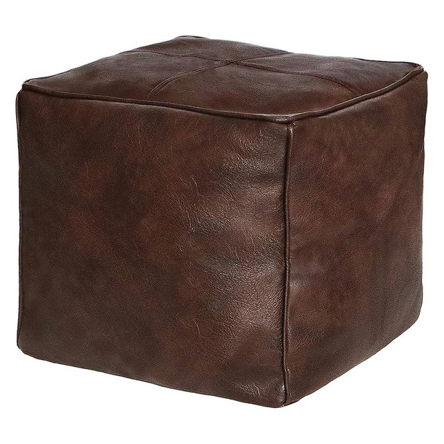 Thgonwid Unstuffed Handmade Cube Pouf Faux Leather Ottoman Cover, Square Pouffe Footstool Storage Stool, Bedroom Living Room, 16.5" W x 15.7" H, Coffee