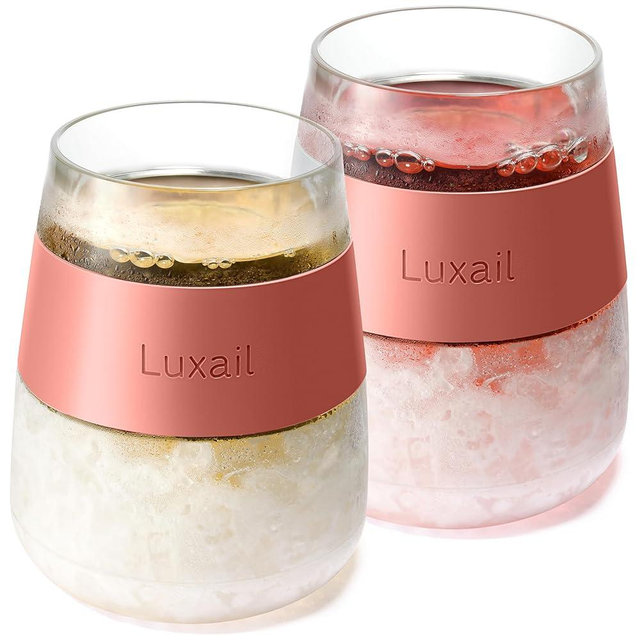 luxail Wine Glasses, Plastic Wine Glasses Set of 2, Wine Gifts, Double Wall Insulated Freezer Tumbler, Stemless Freezer cups for Red and white Wine, 8.5 Oz, Coral