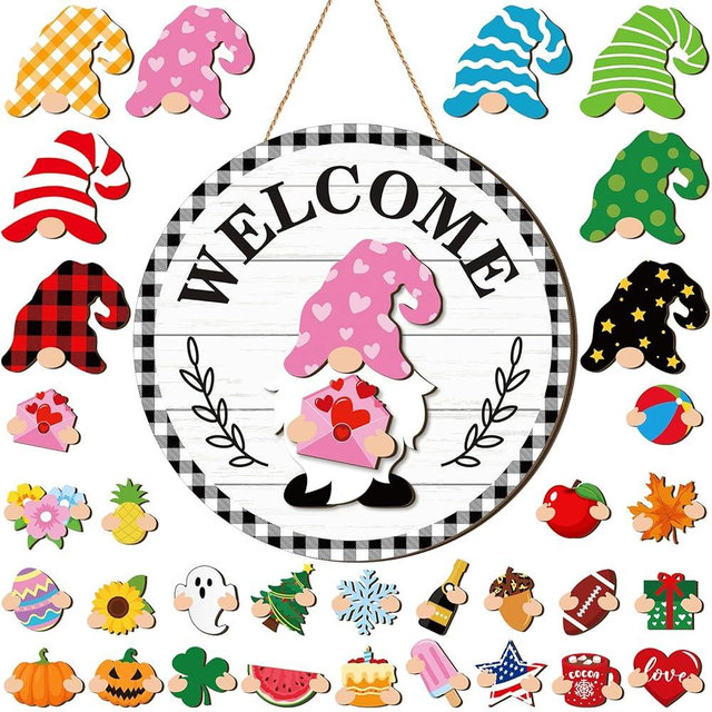 Qunclay Interchangeable Wooden Gnome Decor Holiday Seasonal Gnome Decorations with Magnet Pieces and Detachable Hats Gnome Changeable Welcome Sign for Home (Vivid Style)