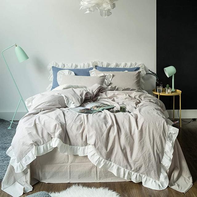 SUSYBAO 3 Pieces Vintage Ruffle Duvet Cover Set 100% Washed Cotton King Size Beige Striped Romantic Princess Bedding Set with Zipper Ties 1 White Lace Duvet Cover 2 Pillow Shams Hotel Quality Durable