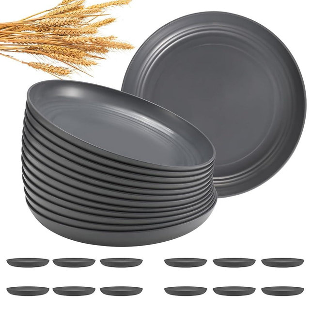 HEYCOME 12 Pcs Unbreakable Deep Dinner Plates Set, 10 inch Reusable Plastic Wheat Straw Plates, Microwave and Dishwasher Safe Plate for Kitchen, Lightweight Plate for Dessert, BPA Free, Dark Gray