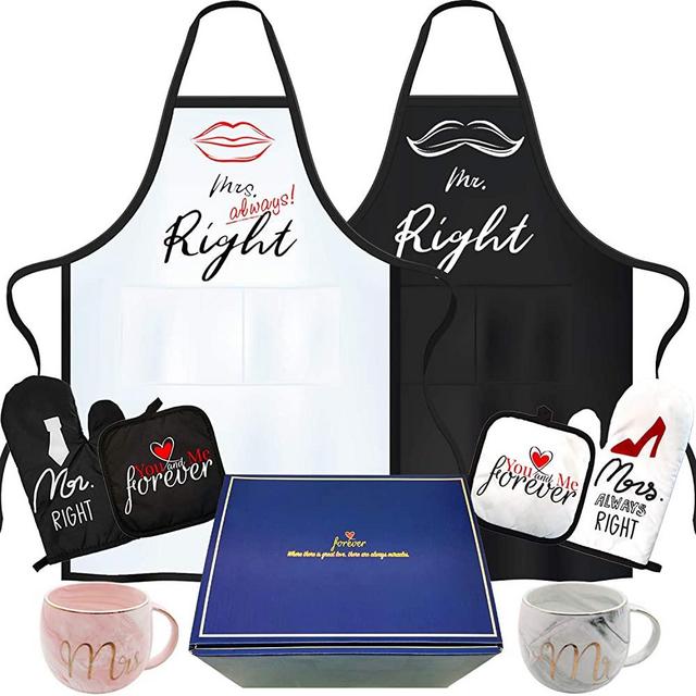 rnairni Mr & Mrs Right Happy Couple Mug Aprons, Best Valentine's Day Gifts | Bronzing Gift Box - Apron, Gloves, Mats, Cups, Greeting Cards | Wedding Gift for Couples Boyfriend Girlfriend