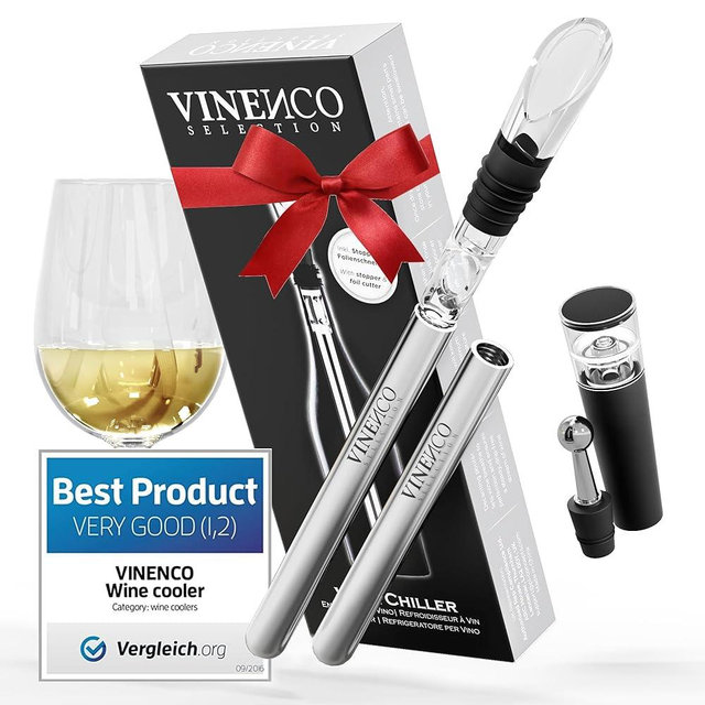 Wine Chiller Set with 2 Chill Rods + Foil Cutter, Stopper, Ebook - Premium 3in1 Stainless Steel Bottle Cooler Stick, Decanting Aerator & Drip-Free Pourer | Design Bar Tasting Accessory Gift Men Women