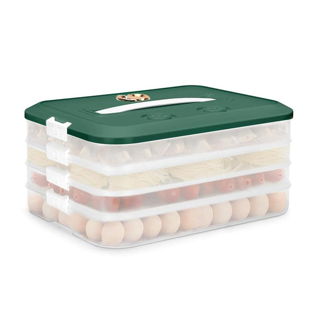 OFFKITSLY Food Storage Containers with Lids, Plastic Cookie Storage Containers Airtight, 4-Layer Stackable Food Containers Dumpling Storage Box, Green