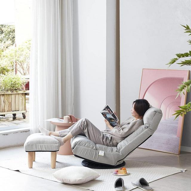 Yoglad Japanese Style Chaise Lounge Sofa 360-Degree Swivel Chair Floor Gaming Chair Lazy Sofa for Reading Game Meditating, 3 Adjustable Positions with Comfortable Backrest (Gray+Ottoman)
