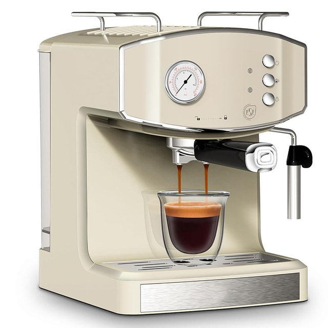 Plum chef Retro-Style 20 Bar Espresso Machine with Milk Frother, ESE Pod Compatible Coffee Make with Pressure Gauge, 54 oz Food-Grade PP Removable Water Tank, Ideal for Home Barista,Griege