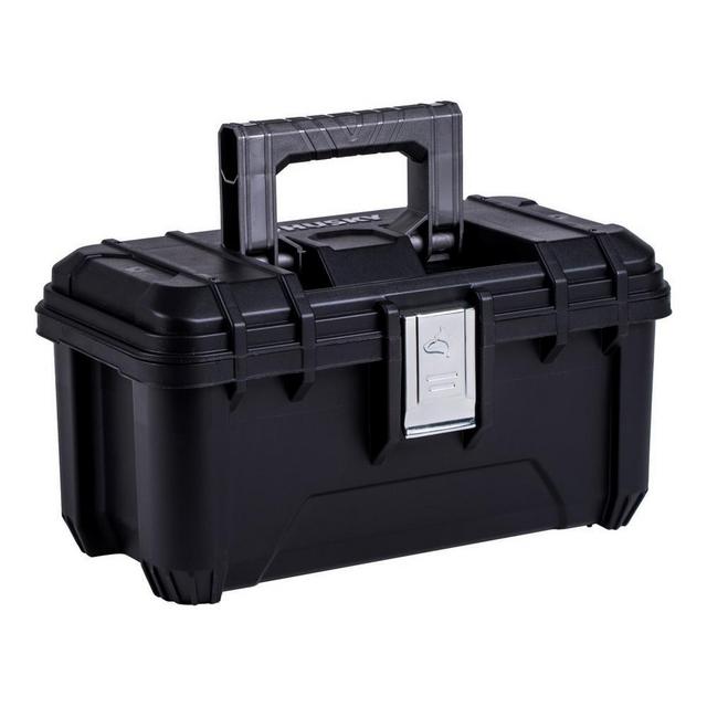 Husky 16 in. Plastic Tool Box with Rugged Metal Latch (1.6 mm) and Ample Storage Capabilities in Black, Tool Box Organizer Heavy Duty, Durable Polypropylene, Easy to Grip, Impact Resistant Plastic