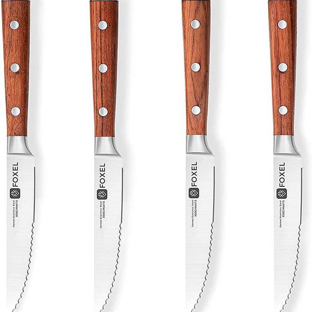 Steak Knives Set of 4 - Stainless Steel Serrated Steak Knife Set - German Steel Blade Natural Sandalwood Full Tang Handle - Steak Knifes Gift Box Set - Not for Dishwasher