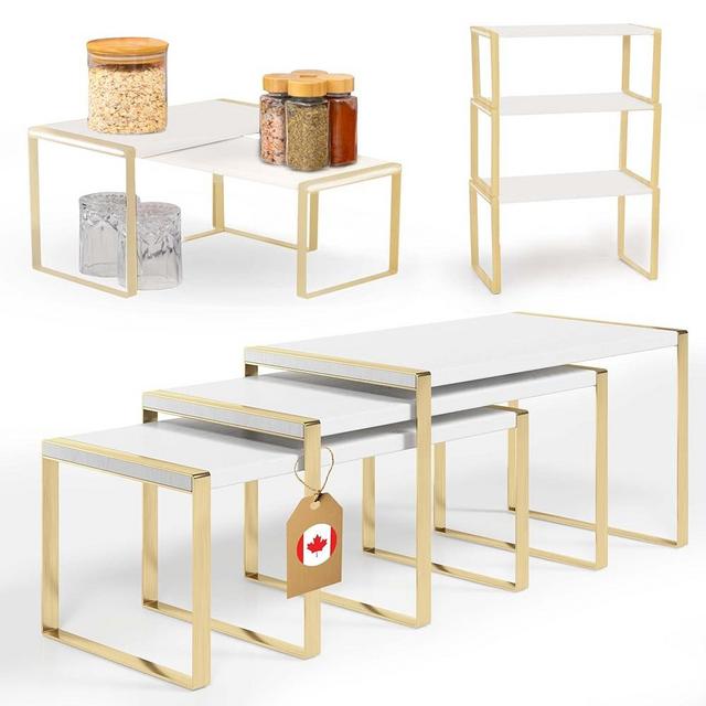 Ibyx Premium Kitchen Cabinet Organizer Shelf - Set of 3 Kitchen Counter Shelves - Stackable & Expandable Shelf Racks for Kitchen Cabinets - Metal Frame & Engineered Wood (White Wood, Gold Frame)