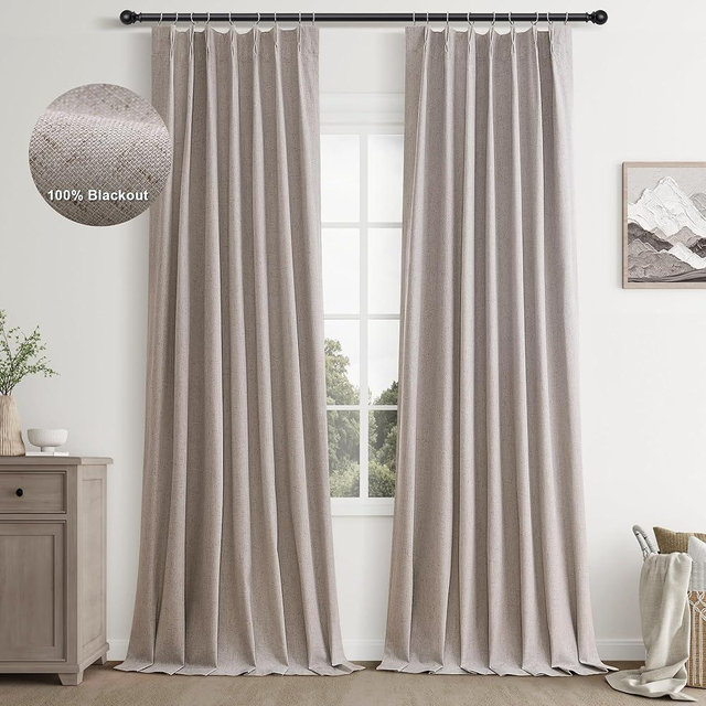 Joywell Grayish Brown Linen 100% Blackout Curtains 108 Inches Long,Pinch Pleated Back Tab Drapes with Hooks Light Blocking Thermal Insulated for Bedroom Living Room,W40 x L108,2 Panels