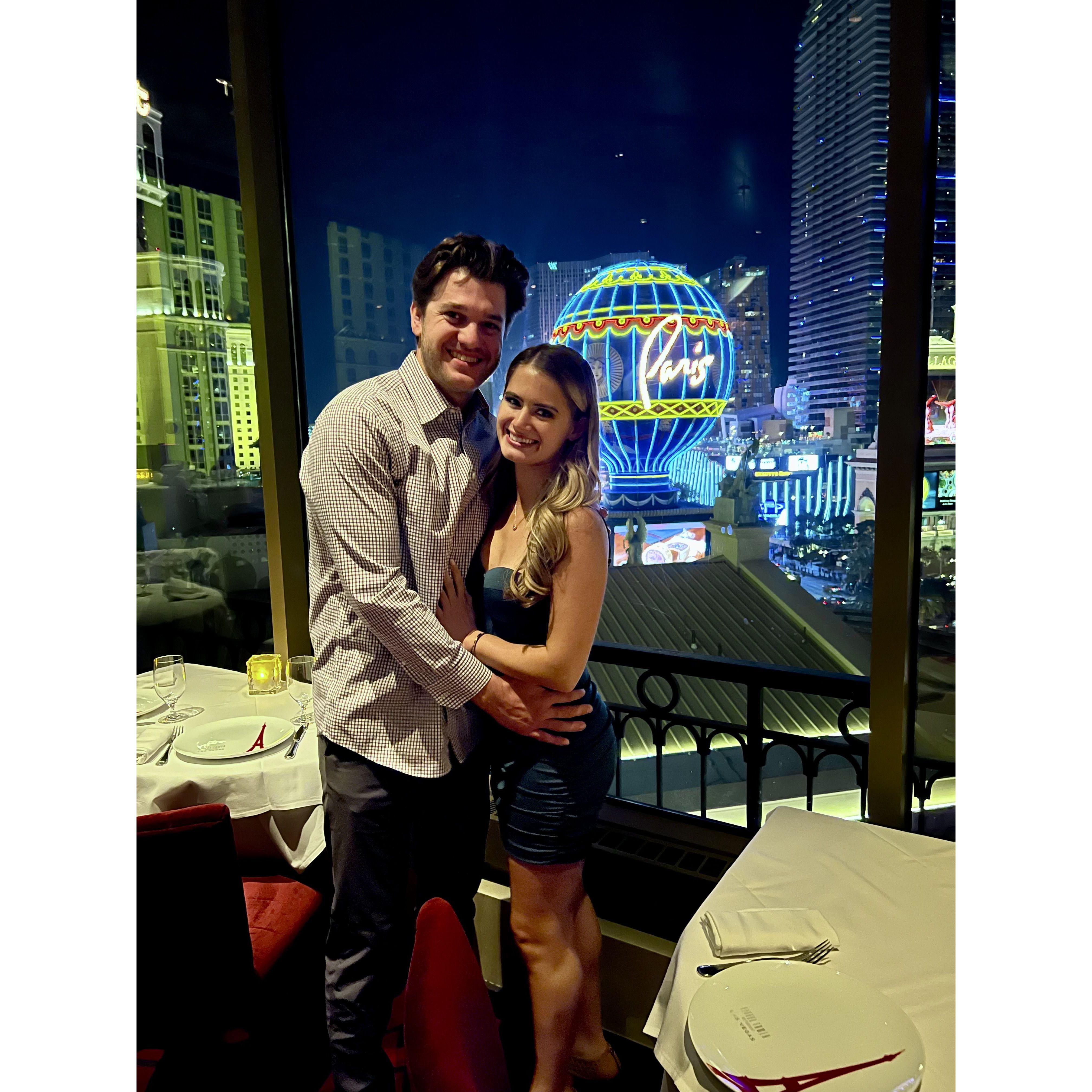 Together in Las Vegas having a Valentine's Day dinner at the top of the Eiffel Tower.