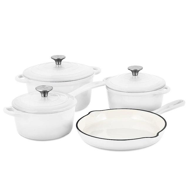 Basque Enameled Cast Iron Cookware Set (Blanc), 7-Piece Set, Nonstick, Oversized Handles, Oven Safe; Skillet, Saucepan, Small Dutch Oven, Large Dutch Oven