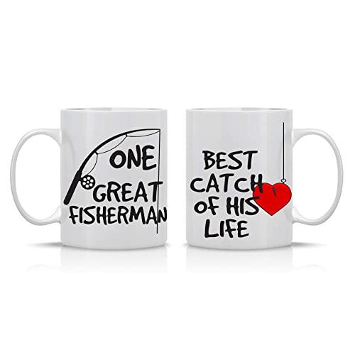 One Great Fisherman, Best Catch Of His Life Couples Mug - Funny Couple Mug - (2) 11OZ Coffee Mug - Funny Mug Gift Set - Mugs For Husband and Wife - Him And Her Gifts - By AW Fashions