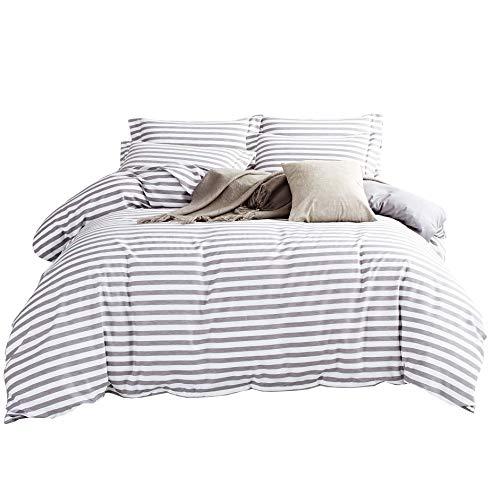 DelbouTree 3 Pieces Bedding Set,Reversible Duvet Cover Sets,White Duvet Cover Reverse to Solid Grey,Striped Duvet Cover,Quilt Cover Sets,King Comforter Cover with Zipper Closure and Corner Ties