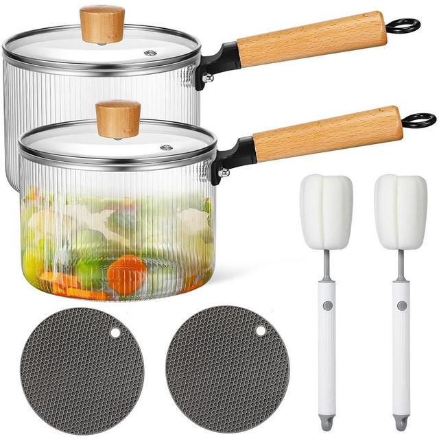 Uiifan 2 Sets Glass Pot for Cooking on Stove Kitchen Glass Cookware Clear Cooking Pot with Lid Handle and Pan Set 60oz Simmer Saucepan Resistant Safe for Pasta Noodle Soup Milk Baby Food(Ribbed)