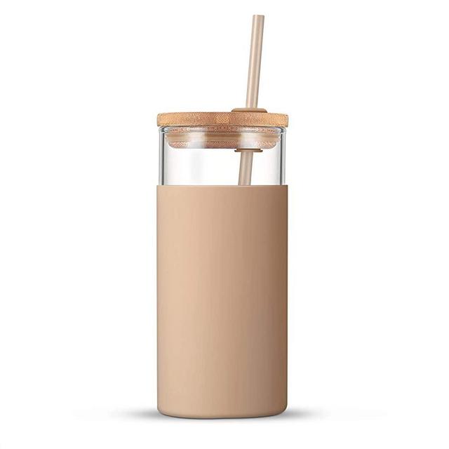 Tronco 20oz Glass Tumbler Glass Water Bottle Straw Silicone Protective Sleeve Bamboo Lid - BPA Free (Amber)