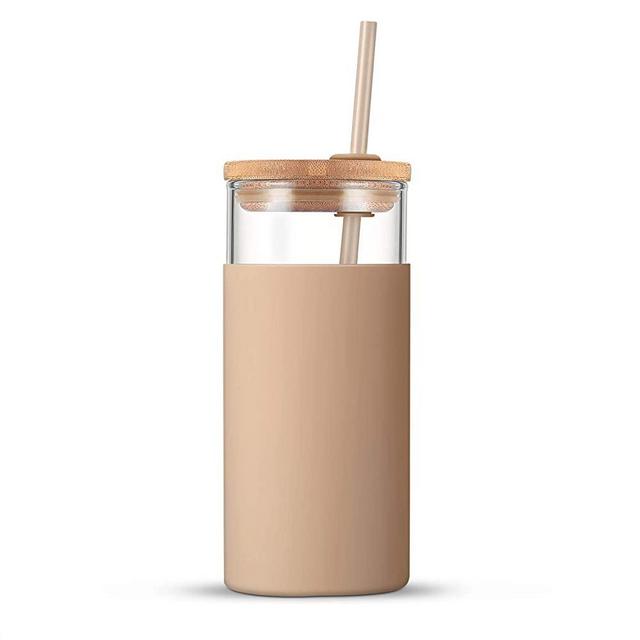 CNVOILA + Glass Tumbler with Straw and Bamboo Lid