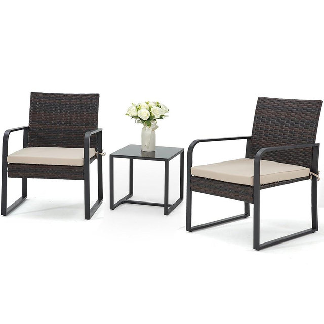 Bezseller 3 Piece Outdoor Patio Furniture Set, Patio Bistro Set Wicker Conversation Set, Modern Rattan Chair with Glass Coffee Table for Backyard, Porches, Poolside, Lawn and Balcony