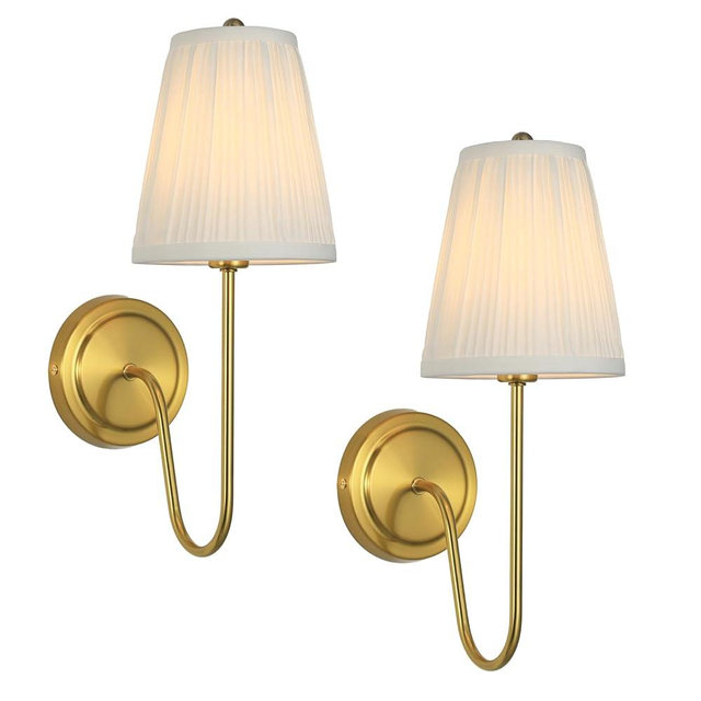 Electro bp;Elegant Single Wall Sconces White Pleated Brocade Fabric Lamp Shades with Polished Gold Curved Metal Arm Covered Wall Light,E12,40W,Hardwired(Set of 2);