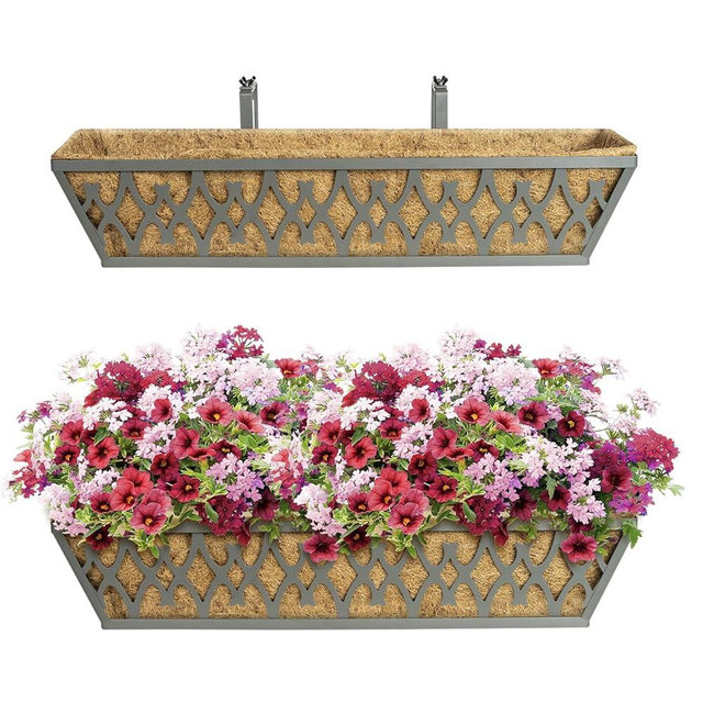 2 Pack 24 Inch Window Boxes Planters Railing Planter Box with Adjustable Brackets for Porch Fence Patio Balcony Hanging Flower Baskets with Coco Liners for Outdoor Garden Decor - Grey